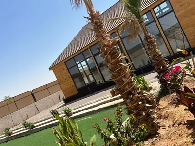 a house with a palm tree in front of it at The royal cottage Amman in Al Qasţal