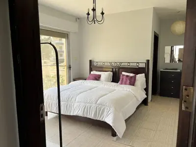 a bedroom with a large bed with white and pink pillows at Ronza Elegant Apartment in Amman