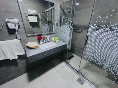 a bathroom with a shower and a sink and a glass shower at Petra Castle Hotel in Wadi Musa