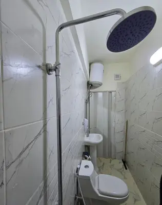 a small bathroom with a toilet and a shower at Petraone in Wadi Musa