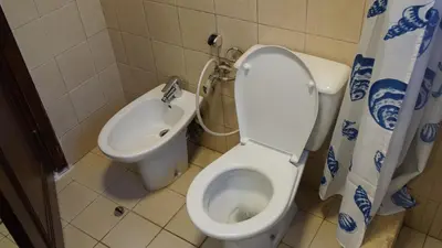 a bathroom with a toilet and a sink at Ground floor apartment by circular pool for families only in Talabay in Aqaba