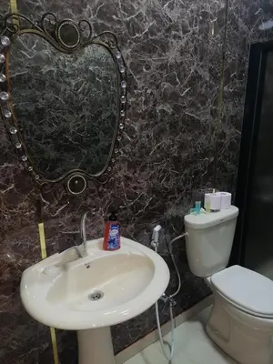 a bathroom with a sink and a toilet and a mirror at Yaso Roof & Apartments in Amman