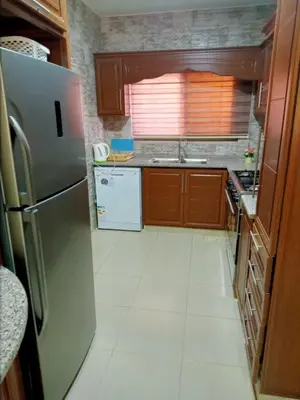 a kitchen with a stainless steel refrigerator and wooden cabinets at شقه فندقيه.Apartment,Petra in Wadi Musa