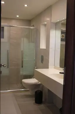 a bathroom with a shower and a toilet and a sink at Ritala Royal Residence in Amman