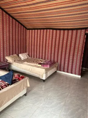 two beds in a room with red walls at Rum Luxury Camp in Wadi Rum