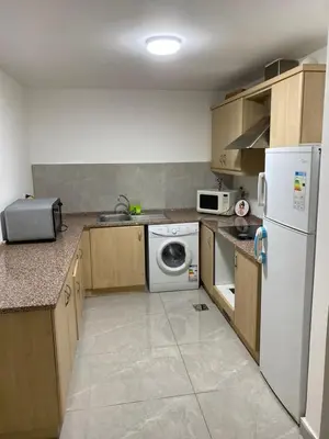a kitchen with a white refrigerator and a dishwasher at Tala bay apartments 2 bedroom for family only in Aqaba