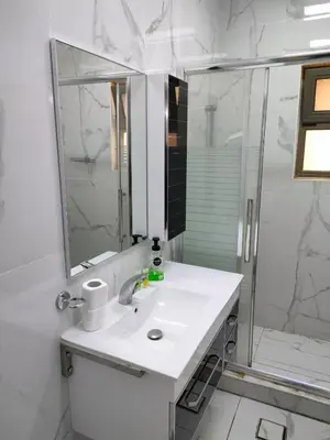 a white bathroom with a sink and a shower at Nice tow bedrooms by snake pool for families only in Talapay in Aqaba