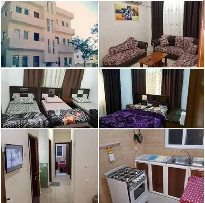 a collage of four pictures of a hotel room at Abo Amer Apartments in Aqaba