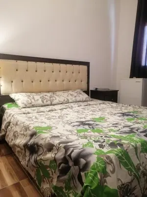 a bedroom with a large bed with a green and white bedspread at The Stunning View in Wadi Musa