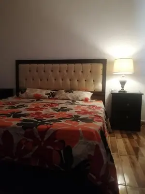 a bedroom with a large bed and a lamp at The Stunning View in Wadi Musa