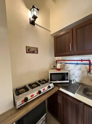 a kitchen with a stove and a microwave at Antica old apartment al-lwebdeh in Amman
