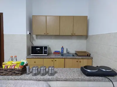 a kitchen with a counter with a sink and a microwave at Cozy Home 2 in Amman