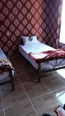 a small bed in a room with a red wall at Why not camp in Wadi Rum