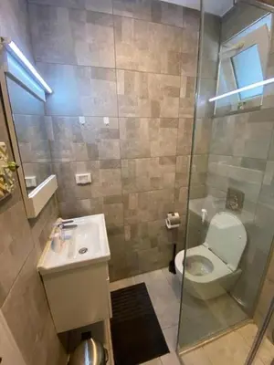 a bathroom with a shower and a toilet and a sink at Golden rays chalet in Madaba