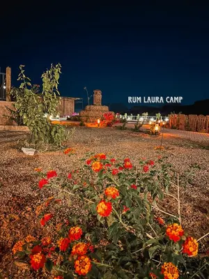 a field of flowers in front of a run lauren cart sign at Rum Serena Camp in Wadi Rum