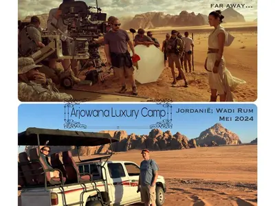 a movie poster of a group of people in the desert at Arjowana Luxury Camp & Bubbles Hotel in Wadi Rum
