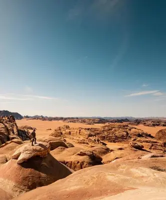a man standing on a rock in the desert at Salma Desert Camp in Wadi Rum