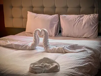 two swans making a heart on a bed at Tower Rum Camb in Wadi Rum