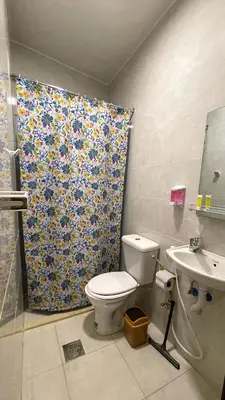 a bathroom with a toilet and a shower curtain at Ad Deir Guesthouse in Wadi Musa