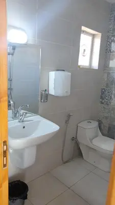 a bathroom with a sink and a toilet and a window at Alreem Farm in Ajloun