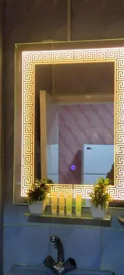 a bathroom mirror with plants on a shelf above a sink at Petra Wow Hostel in Wadi Musa