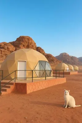 a white cat sitting in front of some dome tents at Yara camp in Wadi Rum