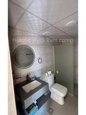 a bathroom with a sink and a toilet and a mirror at Natalie Wadi Rum camp in Wadi Rum