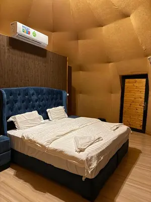 a bedroom with a bed with a blue headboard at Natalie Wadi Rum camp in Wadi Rum