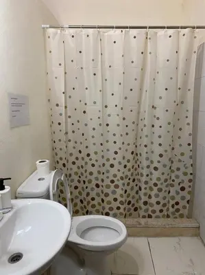 a bathroom with a toilet and a shower curtain at Central house with beautiful garden in Amman