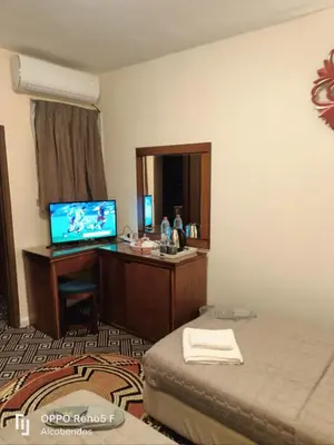 a hotel room with a bed and a desk with a television at Plaza de petra in Wadi Musa