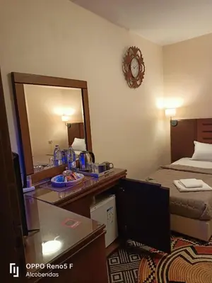 a hotel room with a bed and a mirror at Plaza de petra in Wadi Musa