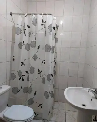 a bathroom with a shower curtain with a toilet and a sink at Cozy Home 4 in Amman